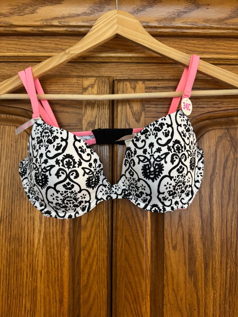 PINK Victoria's Secret Black & White Damask Push-Up Bra with Pink Straps